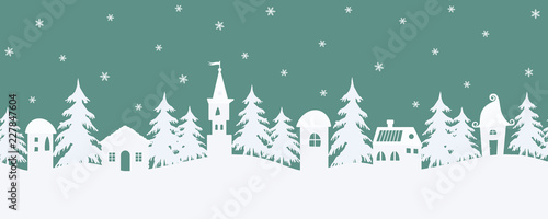 Christmas background. Fairy tale winter landscape. Seamless border. There are fantastic lodges and fir trees on a turquoise background. White silhouettes and snowflakes in the image. Vector 