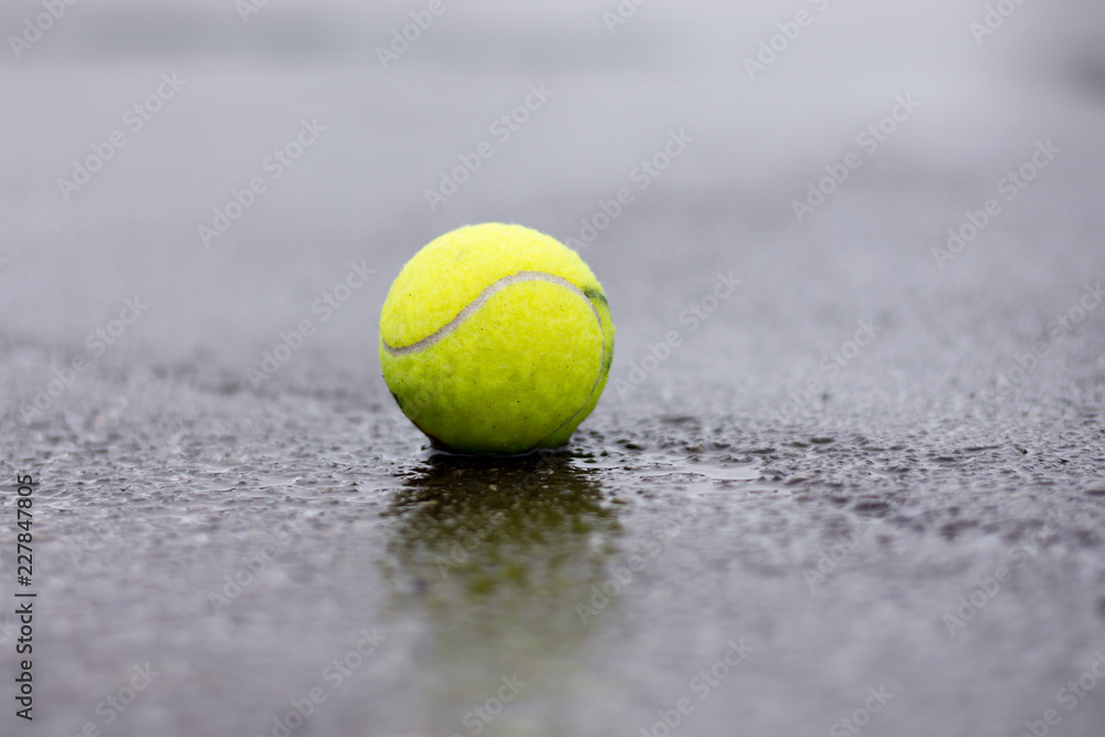 Close up of tennis ball on wet asphalt tennis court