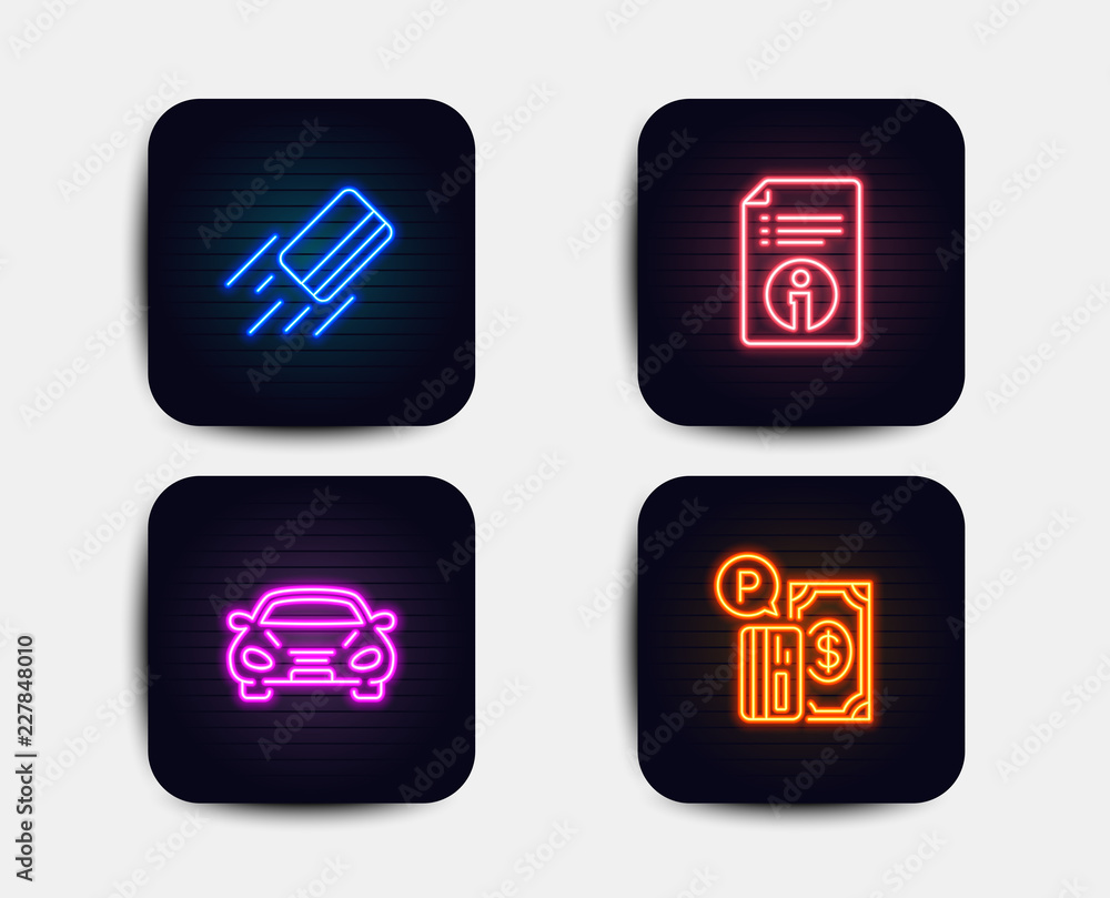 Neon glow lights. Set of Credit card, Technical info and Car icons. Parking payment sign. Bank payment, Documentation, Transport. Paid garage. Neon icons banners. Credit card payment vector Neon glow lights. Set of Credit card, Technical info and Car icons. Parking payment sign. Bank payment, Documentation, Transport. Paid garage. Neon icons banners. Credit card payment vector