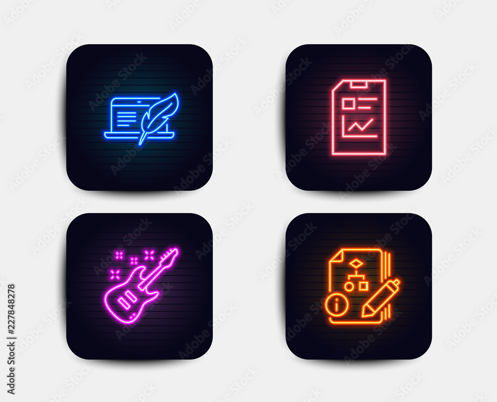 Neon glow lights. Set of Copyright laptop, Report document and Electric guitar icons. Algorithm sign. Writer device, Statistics file, Musical instrument. Project. Neon icons. Glowing light banners Neon glow lights. Set of Copyright laptop, Report document and Electric guitar icons. Algorithm sign. Writer device, Statistics file, Musical instrument. Project. Neon icons. Glowing light banners