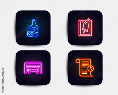 Neon glow lights. Set of Window cleaning, Parking garage and Whiskey glass icons. Report sign. Housekeeping cleaning service, Automatic door, Scotch drink. Work analysis. Neon icons banners. Vector
