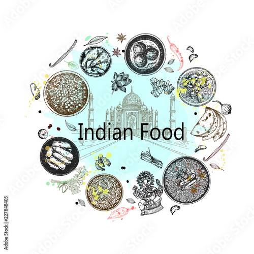 Hand drawn sketch style Indian food. Isolated vector illustration.