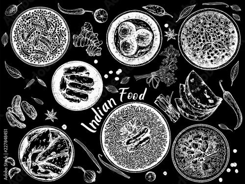 Hand drawn sketch style Indian food isolated on black background. Vector illustration.