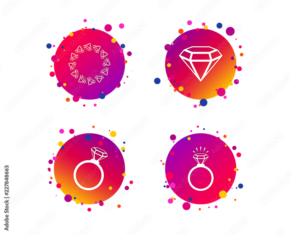 Rings icons. Jewelry with shine diamond signs. Wedding or engagement symbols. Gradient circle buttons with icons. Random dots design. Vector Rings icons. Jewelry with shine diamond signs. Wedding or engagement symbols. Gradient circle buttons with icons. Random dots design. Vector