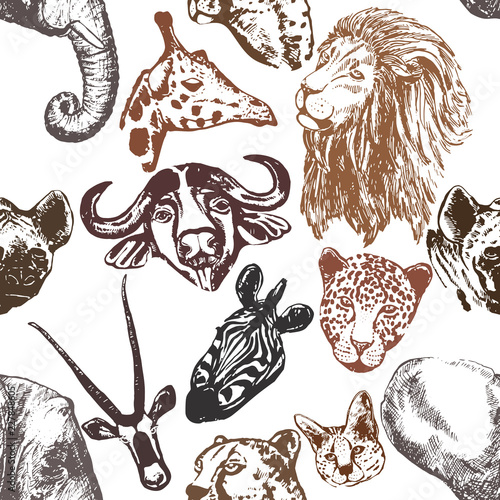 Seamless pattern of colorful hand drawn sketch style African animals isolated on white background. Vector illustration.
