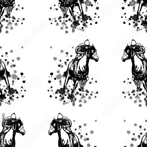 Fotografia Seamless pattern of hand drawn sketch style jockeys on a horses isolated on white background