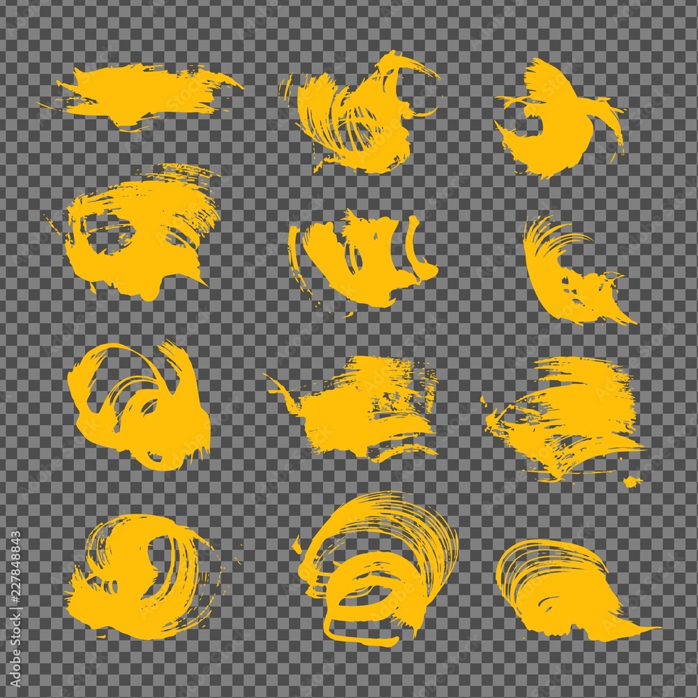 Yellow abstract textured smears set isolated on imitation transparent background Yellow abstract textured smears set isolated on imitation transparent background