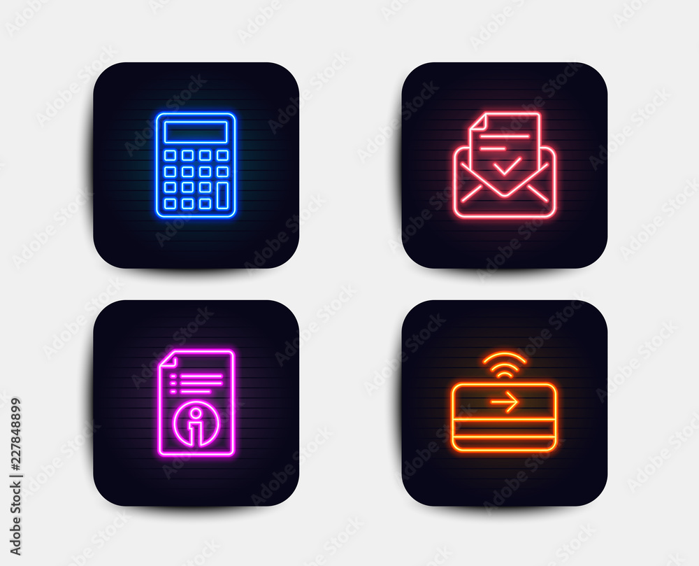 Neon glow lights. Set of Technical info, Calculator and Approved mail icons. Contactless payment sign. Documentation, Accounting device, Confirmed document. Financial payment. Neon icons. Vector Neon glow lights. Set of Technical info, Calculator and Approved mail icons. Contactless payment sign. Documentation, Accounting device, Confirmed document. Financial payment. Neon icons. Vector