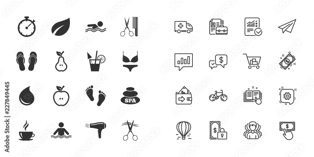 Set of Swimming pool, Spa and Hairdressing icons. Coffee, Cocktail and Apple signs. Water drop, Scissors and Hairdryer symbols. Paper plane, report and shopping cart icons. Group of people. Vector Set of Swimming pool, Spa and Hairdressing icons. Coffee, Cocktail and Apple signs. Water drop, Scissors and Hairdryer symbols. Paper plane, report and shopping cart icons. Group of people. Vector