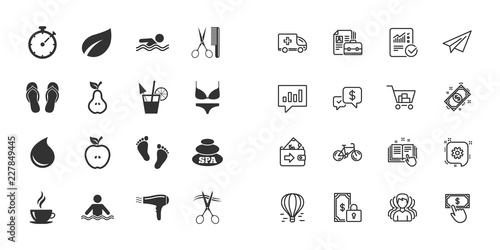 Set of Swimming pool, Spa and Hairdressing icons. Coffee, Cocktail and Apple signs. Water drop, Scissors and Hairdryer symbols. Paper plane, report and shopping cart icons. Group of people. Vector © blankstock