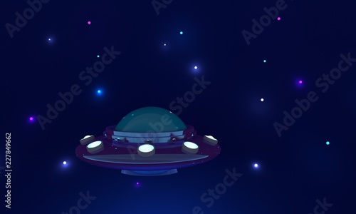 Spaceship and stars on blue background. 3d rendering