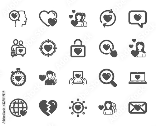 Love icons. Couple, Romantic and Heart signs. Valentines day love symbols. Divorce or Break up. Quality design element. Classic style. Vector