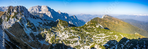 Panoramic view of the Julian Alps from the top of the Visevnik mountain
