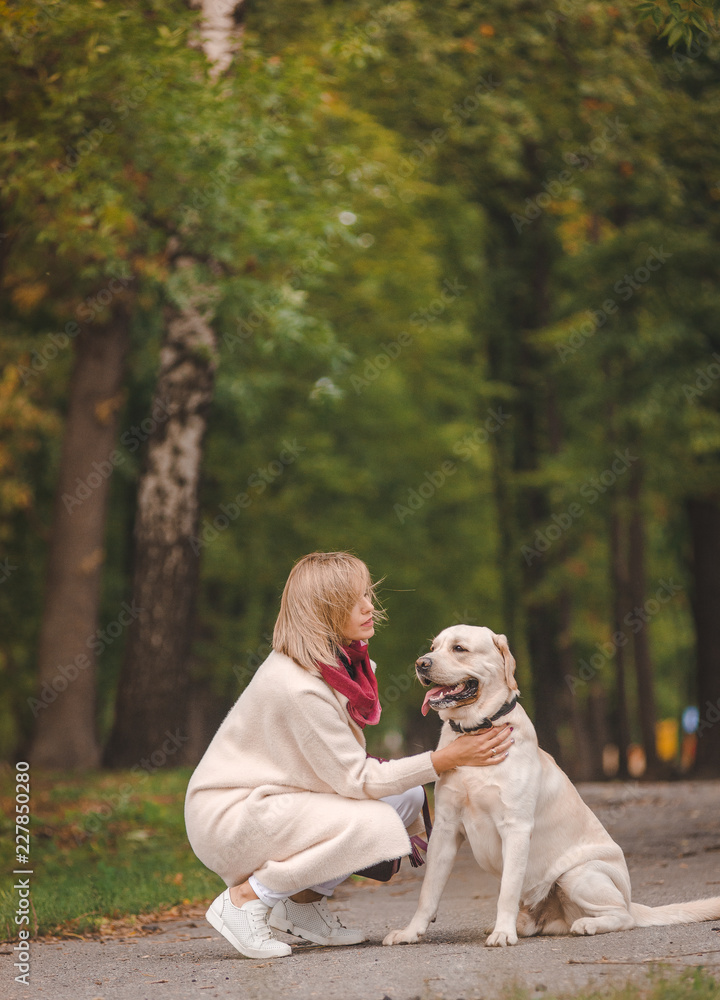 Beautiful young woman walks with her retriever in the park in autumn. Beautiful young woman walks with her retriever in the park in autumn.