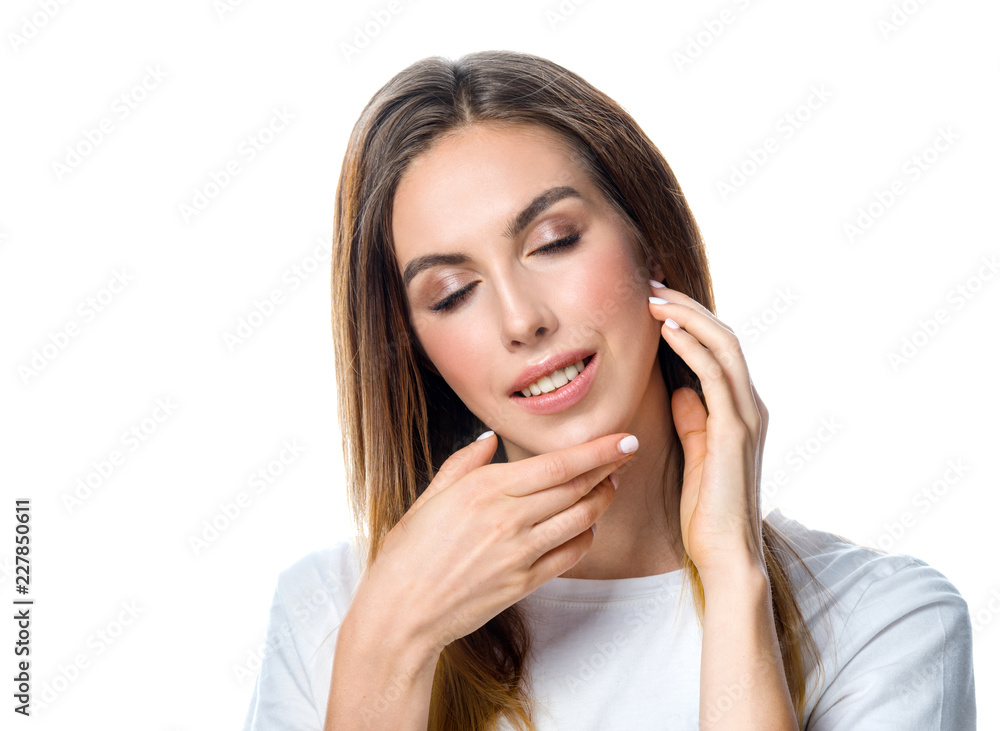 closeup beauty portrait of attractive young caucasian woman brunette isolated on white studio shot lips face perfect skin head and shoulders lips neck eyes closed nails closeup beauty portrait of attractive young caucasian woman brunette isolated on white studio shot lips face perfect skin head and shoulders lips neck eyes closed nails