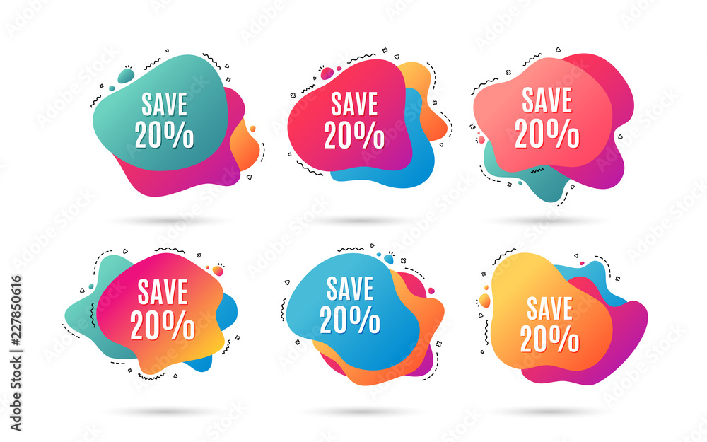 Save 20% off. Sale Discount offer price sign. Special offer symbol. Abstract dynamic shapes with icons. Gradient sale banners. Liquid abstract shapes. Vector