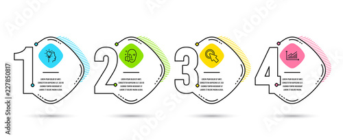 Infographic template 4 options or steps. Set of Idea, Click here and Face attention icons. Graph sign. Professional job, Push button, Exclamation mark. Presentation diagram. Vector