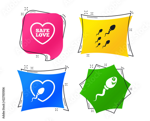Sperm icons. Fertilization or insemination signs. Safe love heart symbol. Geometric colorful tags. Banners with flat icons. Trendy design. Vector