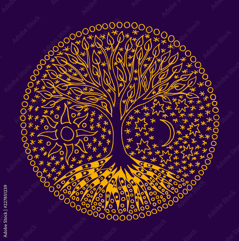 Tree of Life. A symbolic mandala light drawing on blue background ...