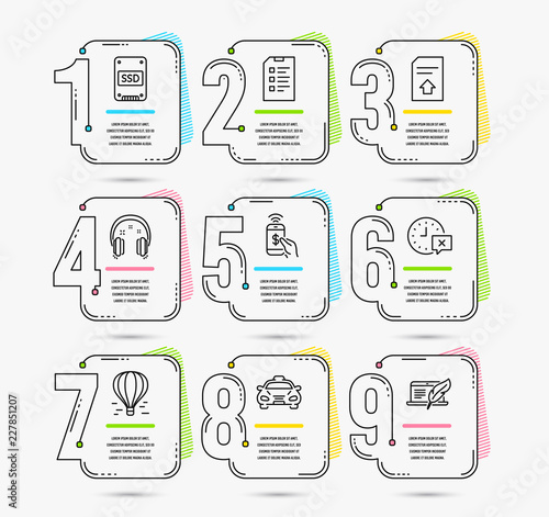 Infographic template with numbers 9 options. Set of Headphones, Air balloon and Taxi icons. Time, Ssd and Checklist signs. Phone payment, Upload file and Copyright laptop symbols. Vector