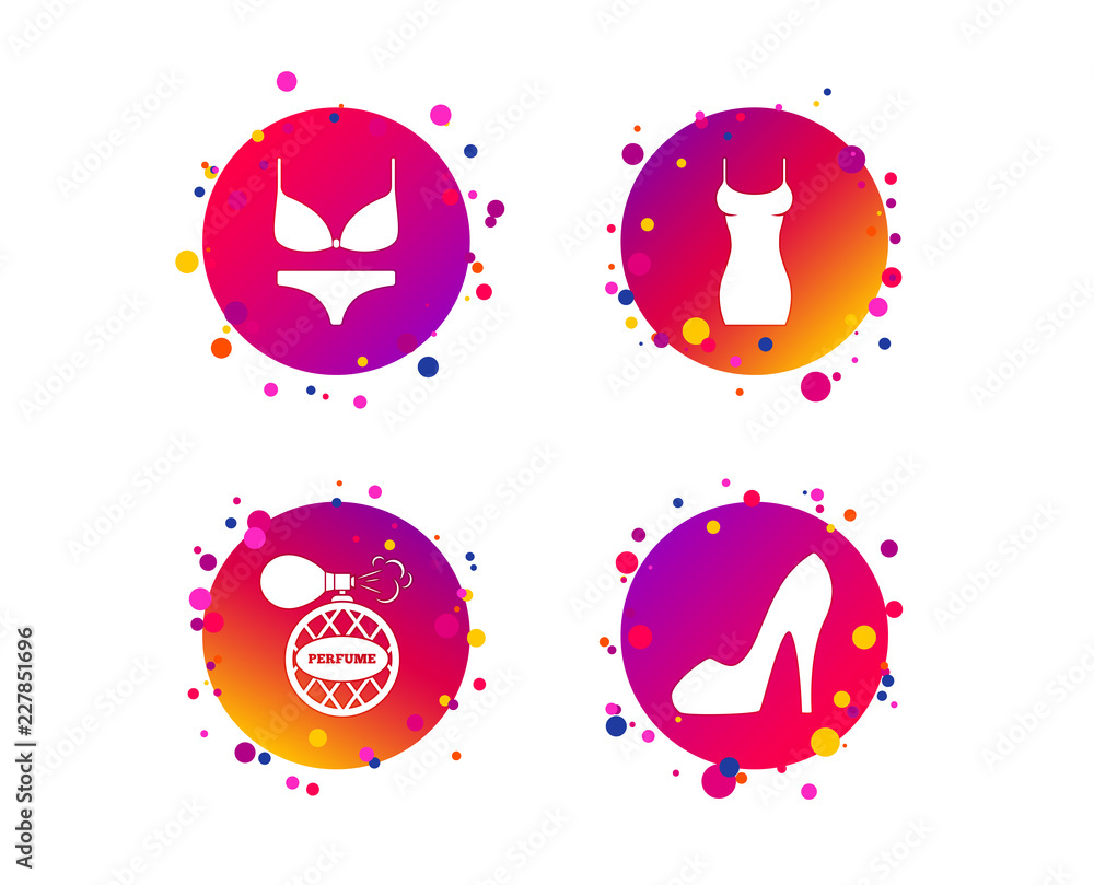 Women dress icon. Sexy shoe sign. Perfume glamour fragrance symbol. Intimates underwear. Gradient circle buttons with icons. Random dots design. Vector Women dress icon. Sexy shoe sign. Perfume glamour fragrance symbol. Intimates underwear. Gradient circle buttons with icons. Random dots design. Vector