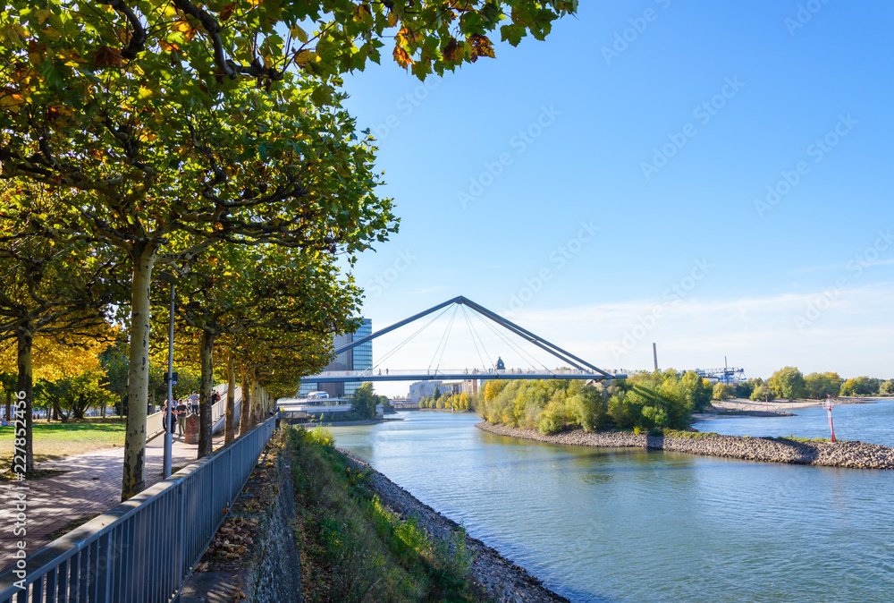 View of riverside and promenade of Rhine river near harbour and background of cable pedestrian bridge cross river in Düsseldorf, Germany during sunny day. 