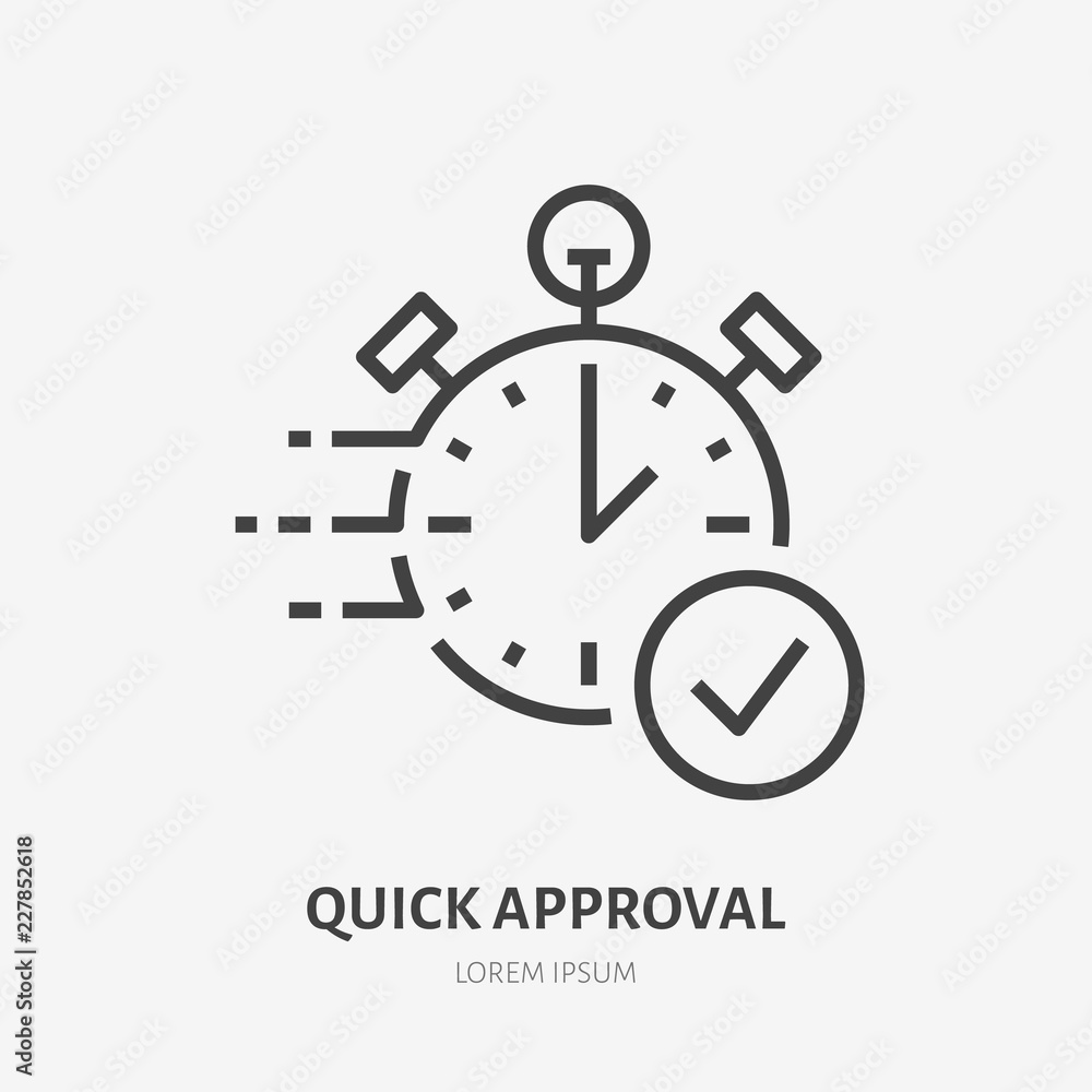 Stopwatch, clock flat line icon. Fast money transaction concept sign. Thin linear logo for financial services, quick loan approval, cash transfer, online payment, delivery vector illustration. - obrazy, fototapety, plakaty 