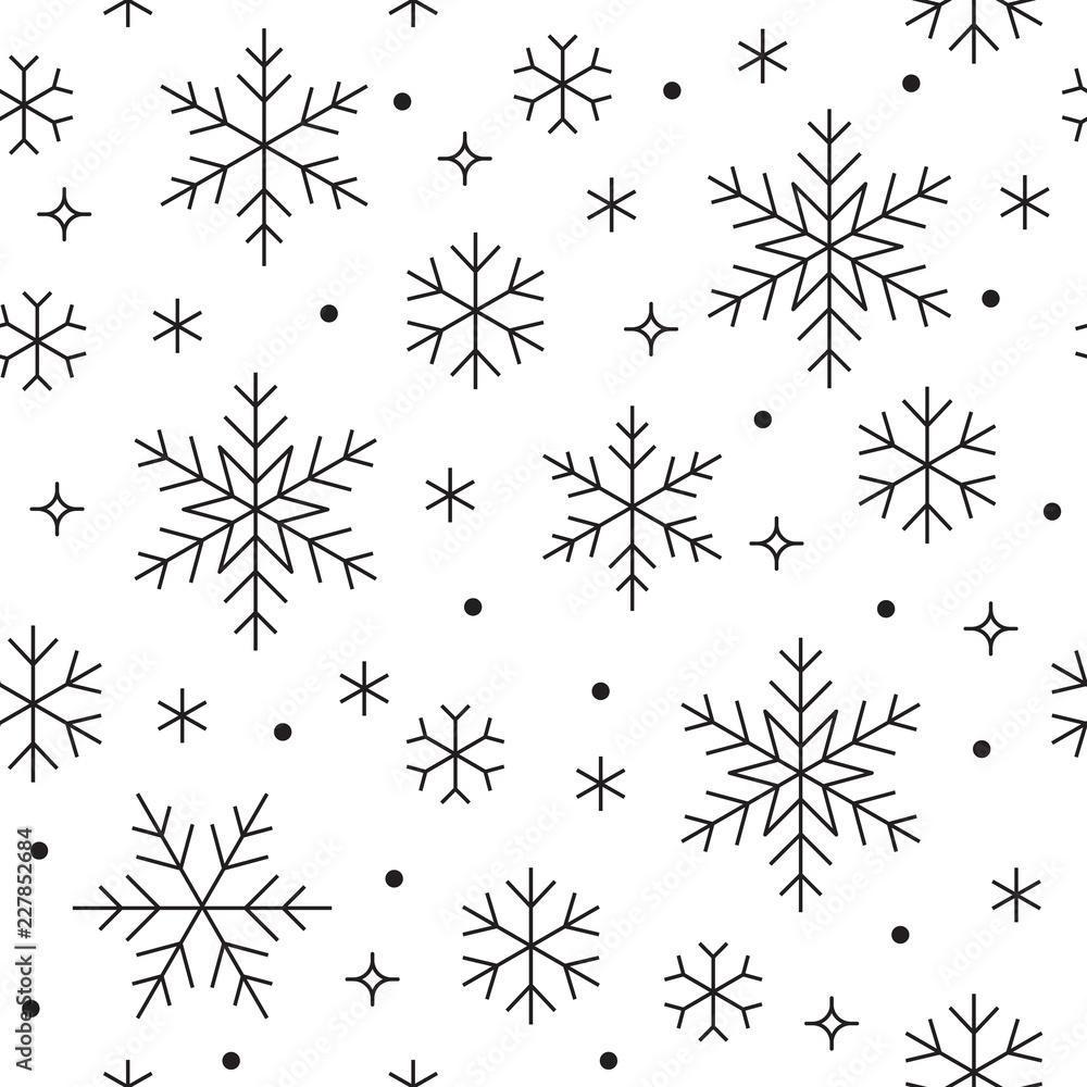 Seamless pattern with black snowflakes on white background. Flat line  snowing icons, cute snow flakes repeat wallpaper. Nice element for  christmas banner, wrapping. New year traditional ornament. Stock Vector |  Adobe Stock