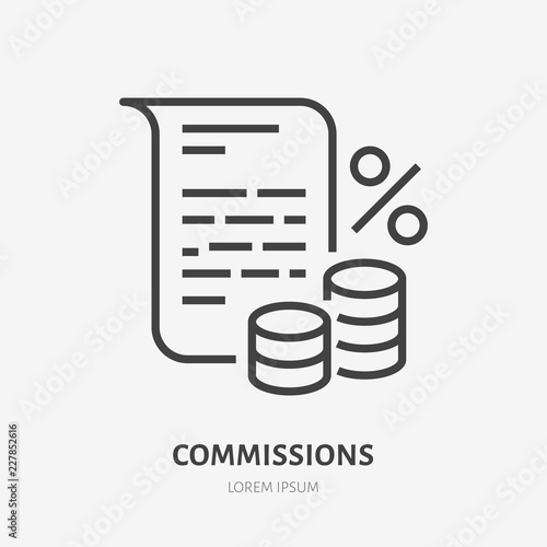 Deposit interest flat line icon, credit, loan commission. Thin linear logo for financial services, cashback payment, tax fee, invoice with money and percent sign vector illustration.