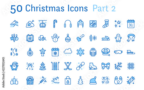 Merry Christmas, new year flat line icons. Gifts, winter sports, presents,skiing, hockey, snowboard, snowball game, snow removal vector illustrations. Thin signs pixel perfect 48x48. Editable Stroke