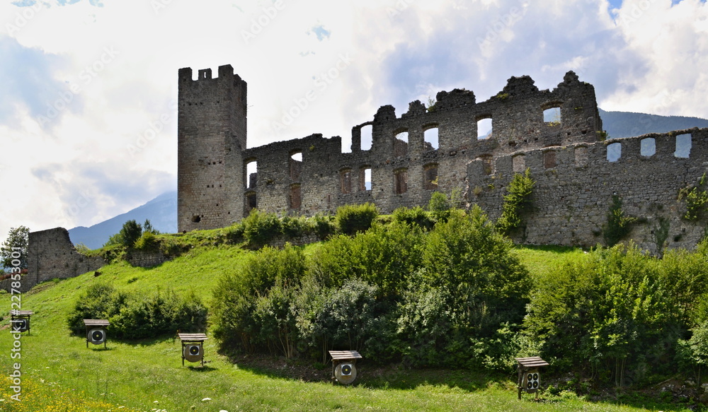 Castle ruins - green vegetation and archery targets under the stone walls