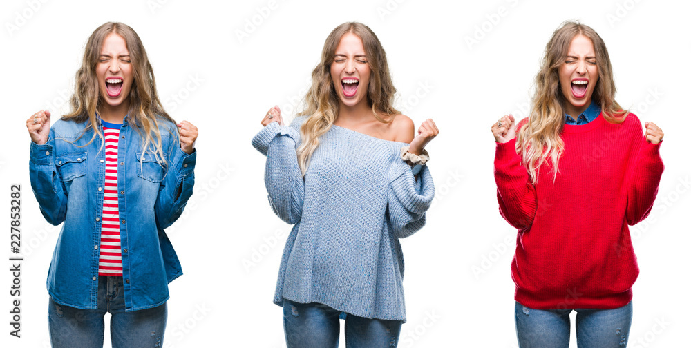 Young beautiful young woman over white isolated background excited for success with arms raised celebrating victory smiling. Winner concept. Young beautiful young woman over white isolated background excited for success with arms raised celebrating victory smiling. Winner concept.