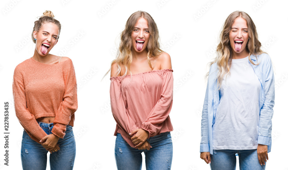Young beautiful young woman wearing casual look over white isolated background sticking tongue out happy with funny expression. Emotion concept. Young beautiful young woman wearing casual look over white isolated background sticking tongue out happy with funny expression. Emotion concept.