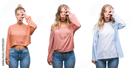 Young beautiful young woman wearing casual look over white isolated background doing ok gesture shocked with surprised face  eye looking through fingers. Unbelieving expression.