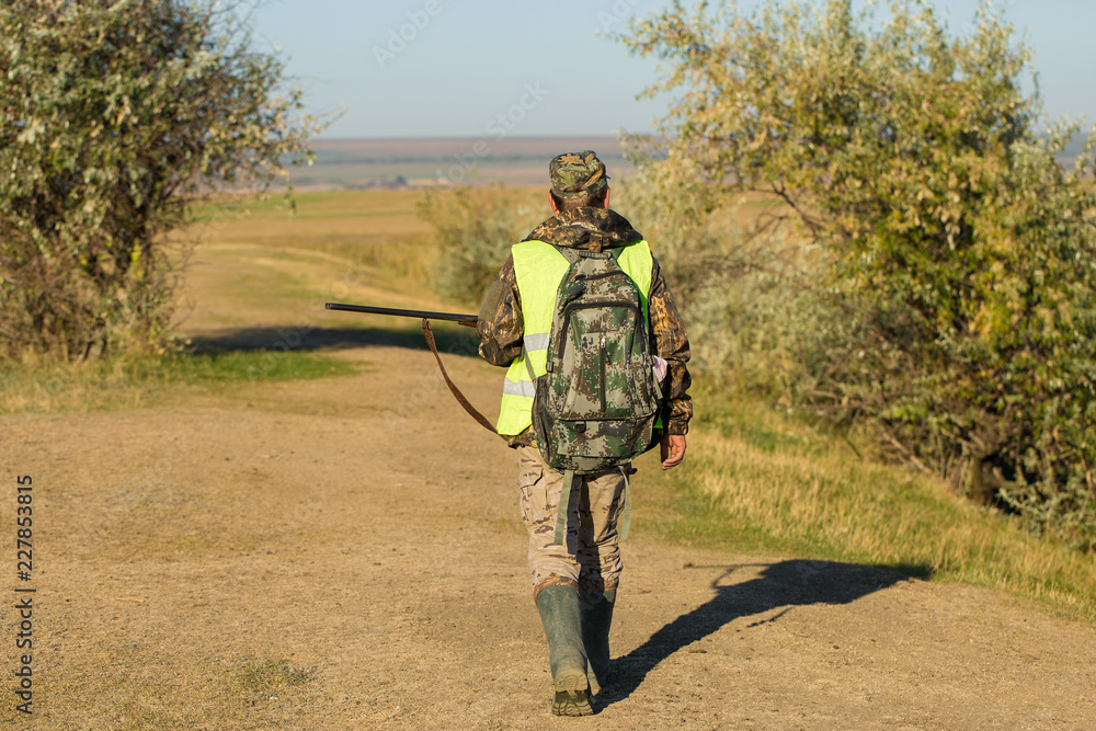 Hunters with a german drathaar and spaniel, pigeon hunting with dogs in reflective vests Hunters with a german drathaar and spaniel, pigeon hunting with dogs in reflective vests