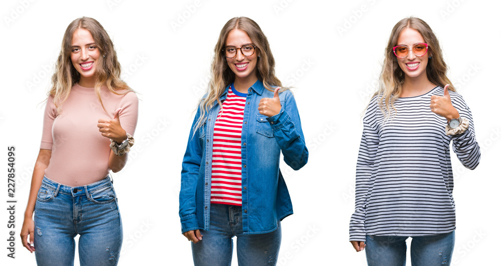 Young beautiful young woman wearing casual look over white isolated background doing happy thumbs up gesture with hand. Approving expression looking at the camera with showing success. Young beautiful young woman wearing casual look over white isolated background doing happy thumbs up gesture with hand. Approving expression looking at the camera with showing success.