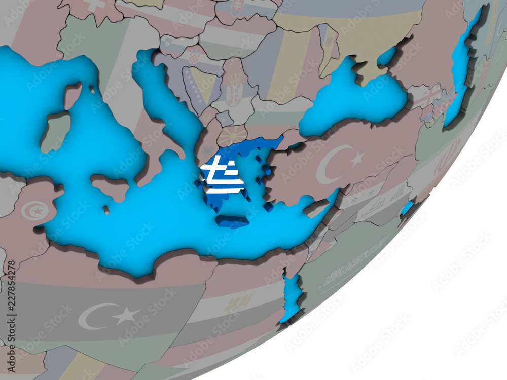 Fototapeta premium Greece with national flag on blue political 3D globe.