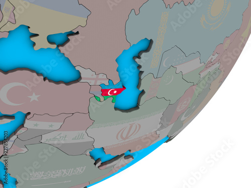 Azerbaijan with national flag on blue political 3D globe.