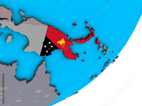 Papua New Guinea with national flag on blue political 3D globe.