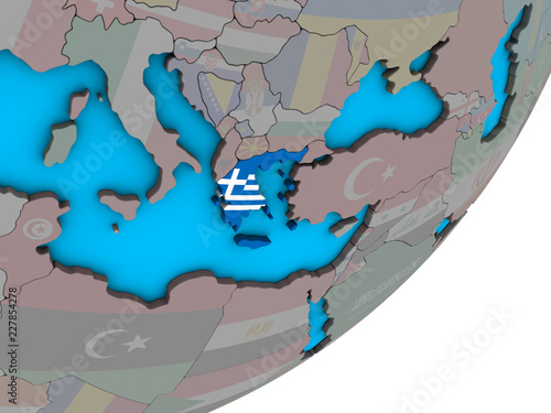 Greece with national flag on blue political 3D globe.