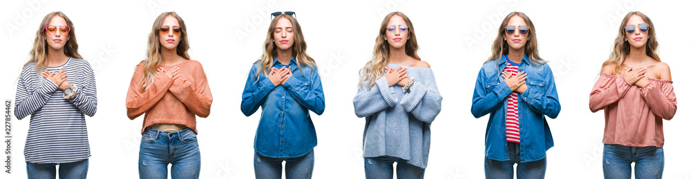 Young beautiful young woman wearing casual look over white isolated background smiling with hands on chest with closed eyes and grateful gesture on face. Health concept. Young beautiful young woman wearing casual look over white isolated background smiling with hands on chest with closed eyes and grateful gesture on face. Health concept.