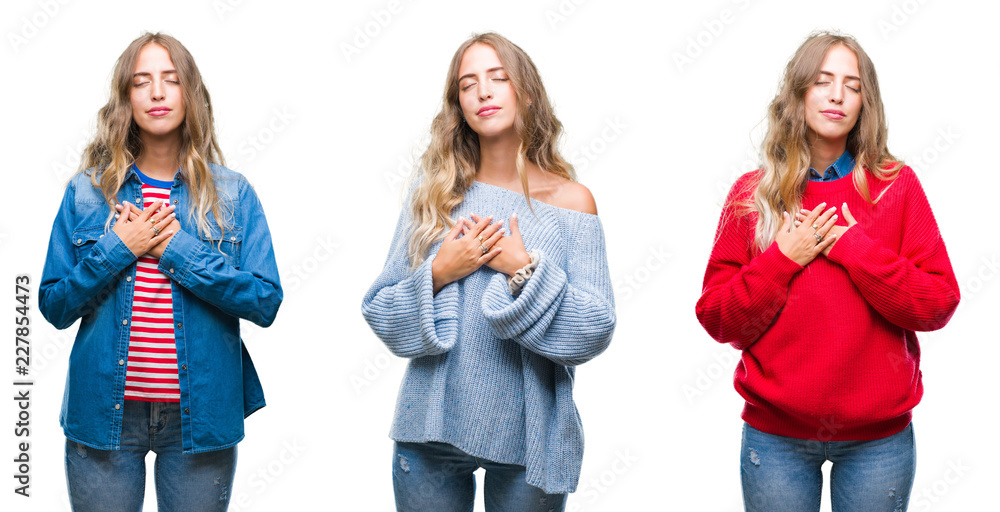 Young beautiful young woman over white isolated background smiling with hands on chest with closed eyes and grateful gesture on face. Health concept.