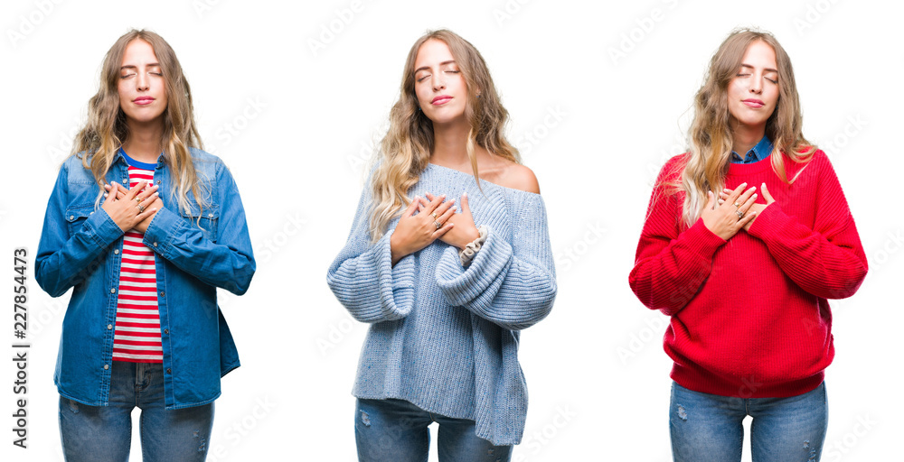 Young beautiful young woman over white isolated background smiling with hands on chest with closed eyes and grateful gesture on face. Health concept. Young beautiful young woman over white isolated background smiling with hands on chest with closed eyes and grateful gesture on face. Health concept.