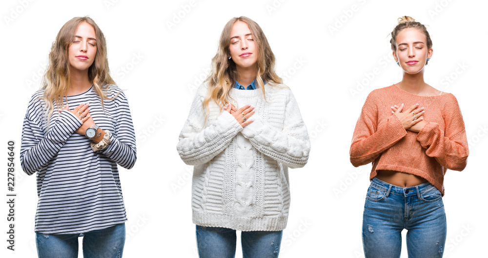 Young beautiful young woman wearing casual look over white isolated background smiling with hands on chest with closed eyes and grateful gesture on face. Health concept. Young beautiful young woman wearing casual look over white isolated background smiling with hands on chest with closed eyes and grateful gesture on face. Health concept.