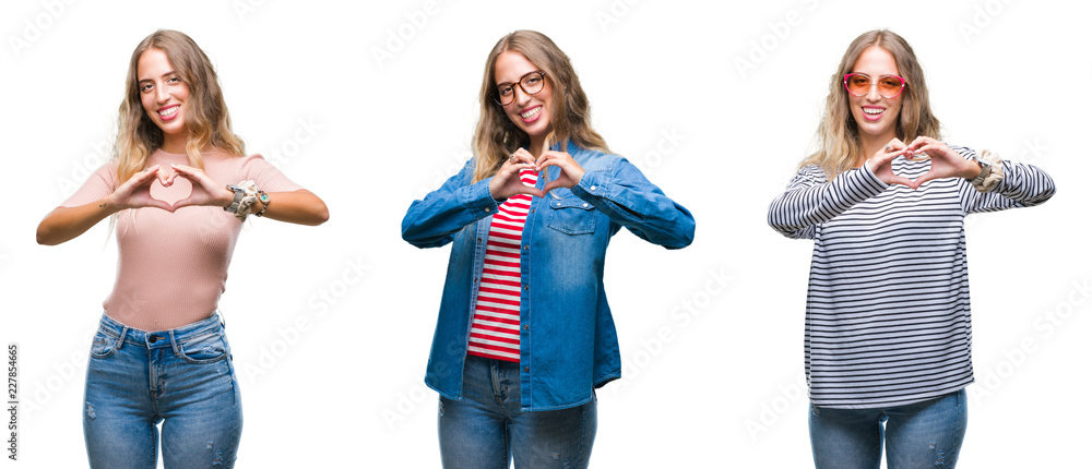 Fototapeta premium Young beautiful young woman wearing casual look over white isolated background smiling in love showing heart symbol and shape with hands. Romantic concept.