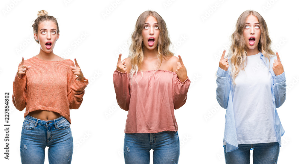 Young beautiful young woman wearing casual look over white isolated background amazed and surprised looking up and pointing with fingers and raised arms. Young beautiful young woman wearing casual look over white isolated background amazed and surprised looking up and pointing with fingers and raised arms.