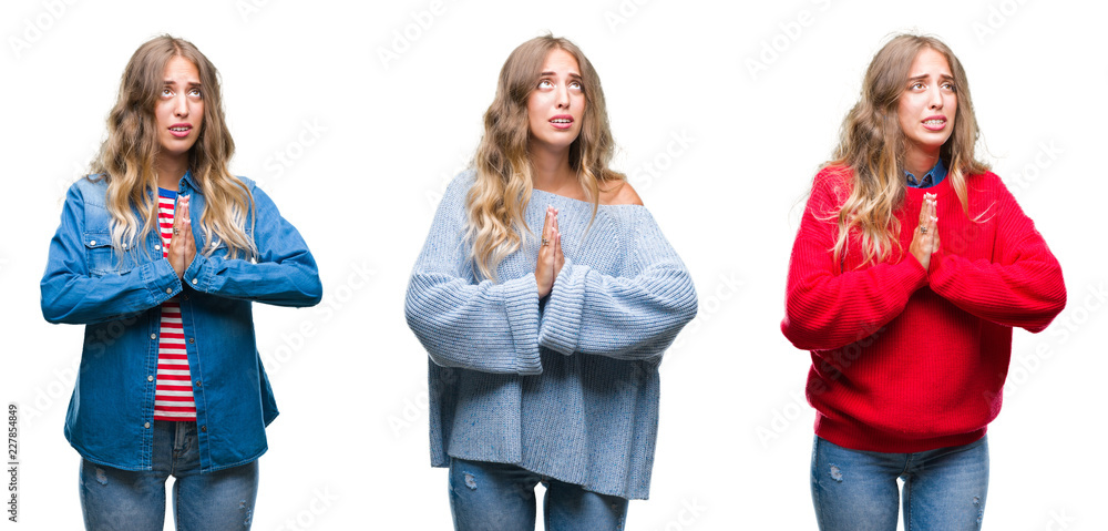 Young beautiful young woman over white isolated background begging and praying with hands together with hope expression on face very emotional and worried. Asking for forgiveness. Religion concept.