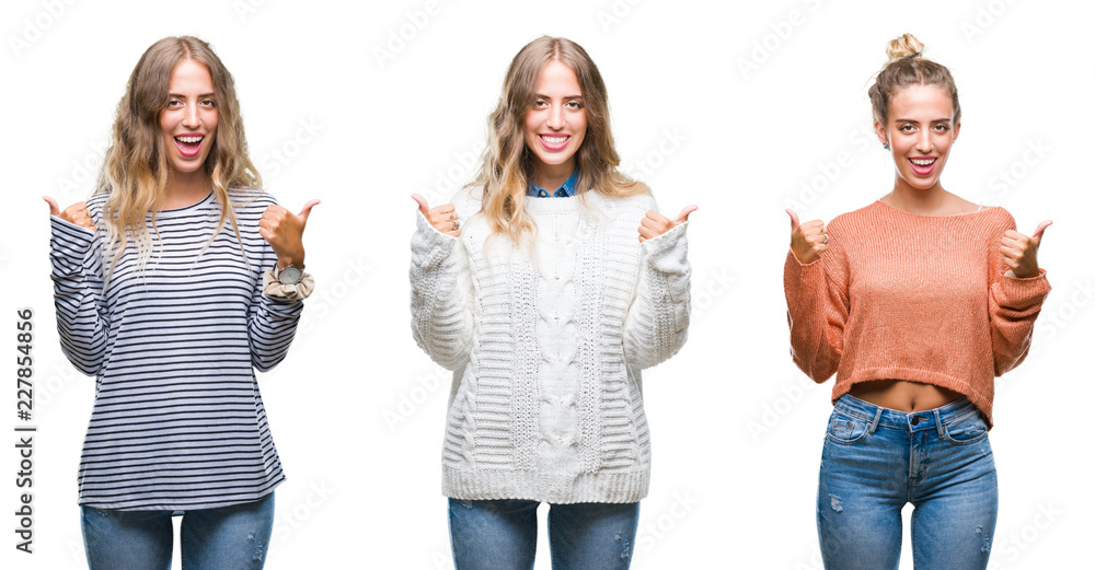 Young beautiful young woman wearing casual look over white isolated background success sign doing positive gesture with hand, thumbs up smiling and happy. Looking at the camera Young beautiful young woman wearing casual look over white isolated background success sign doing positive gesture with hand, thumbs up smiling and happy. Looking at the camera
