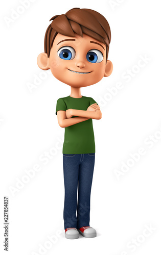 Cheerful boy in a green T-shirt crossed his arms. 3d render illustration.