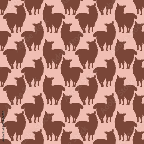 Cartoon alpaca llamas silhouette seamless pattern. Hand drawn flat childish style vector illustration. For pastel color summer fashion print, trendy background textures, packaging or kids room decor. 
